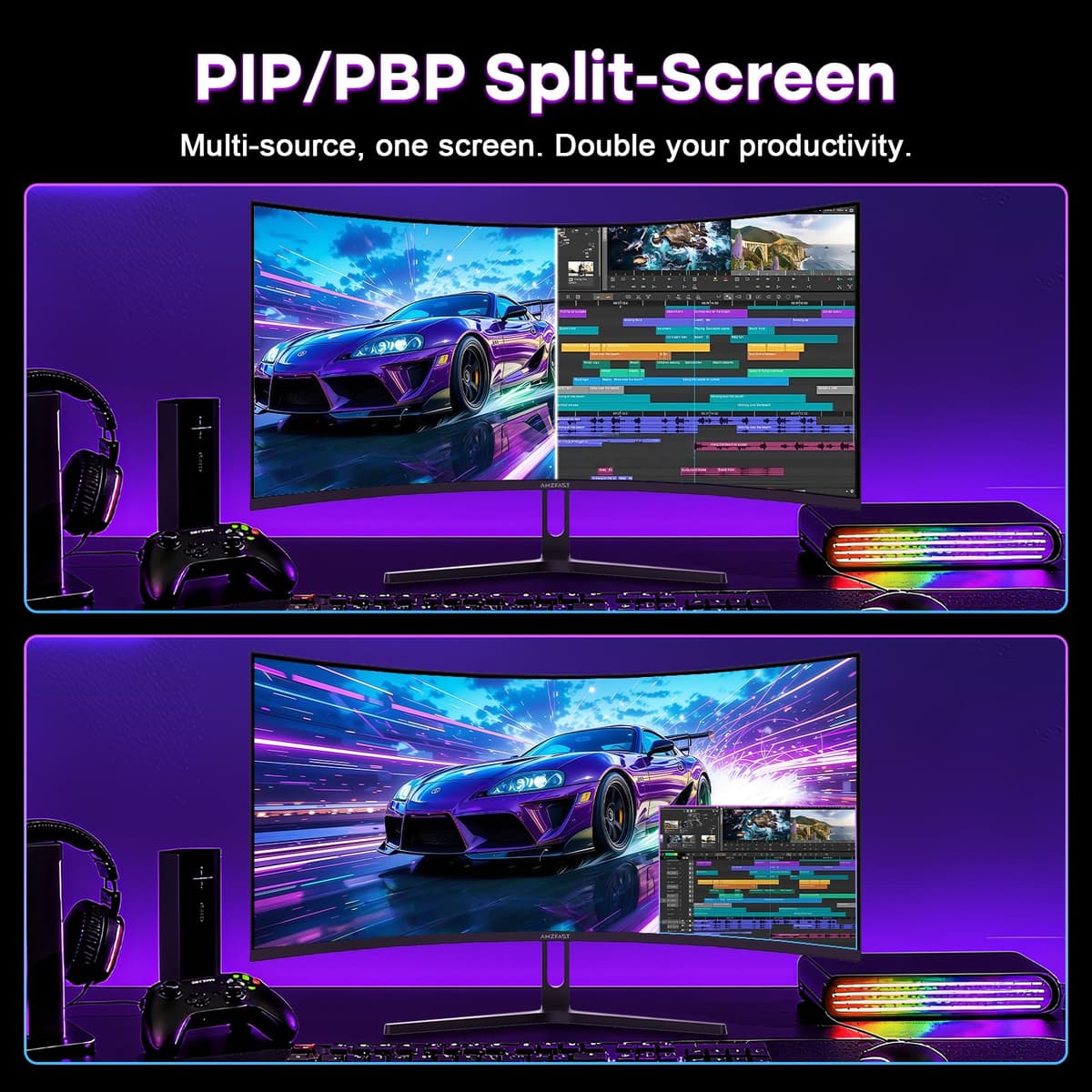 Amzfast 34 Inch Curved Gaming Monitor, 3440x1440p UWQHD, 240Hz, 1ms MPRT, 1500R Curved Screen, Adaptive Sync, HDR, 3000:1 Contrast, 130% sRGB, HDMI2.1&DP1.4, VESA 75x75mm, PIP/PBP, AMZG34C5Q Pro — view 7