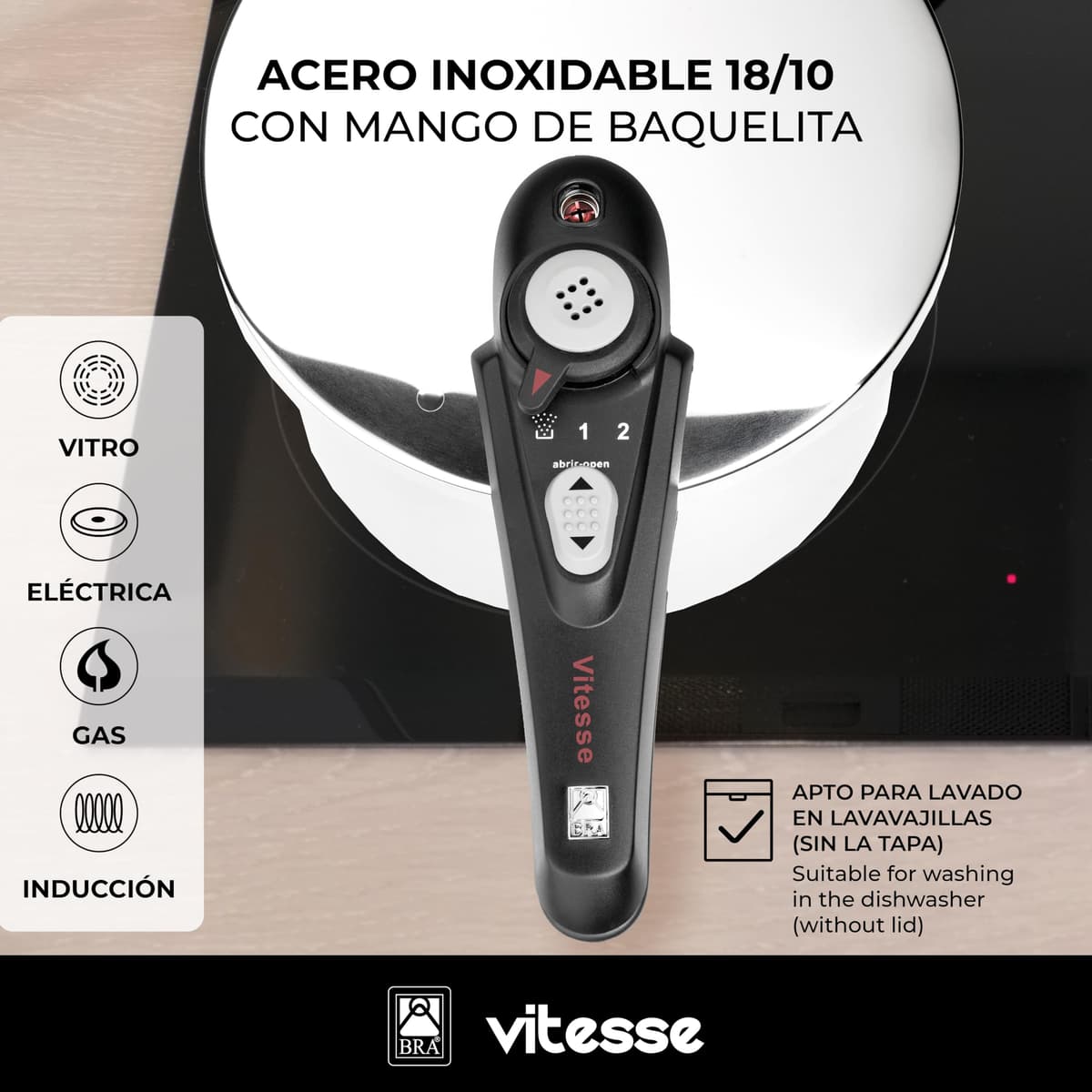 BRA Vitesse Olla Express de 6 Litros, Fabricada en Acero Inoxidable 18/10, Con 2 Programas de Cocción y Sistema de Bloqueo de Apertura, Aptas para Todo Tipo de Cocinas — view 4