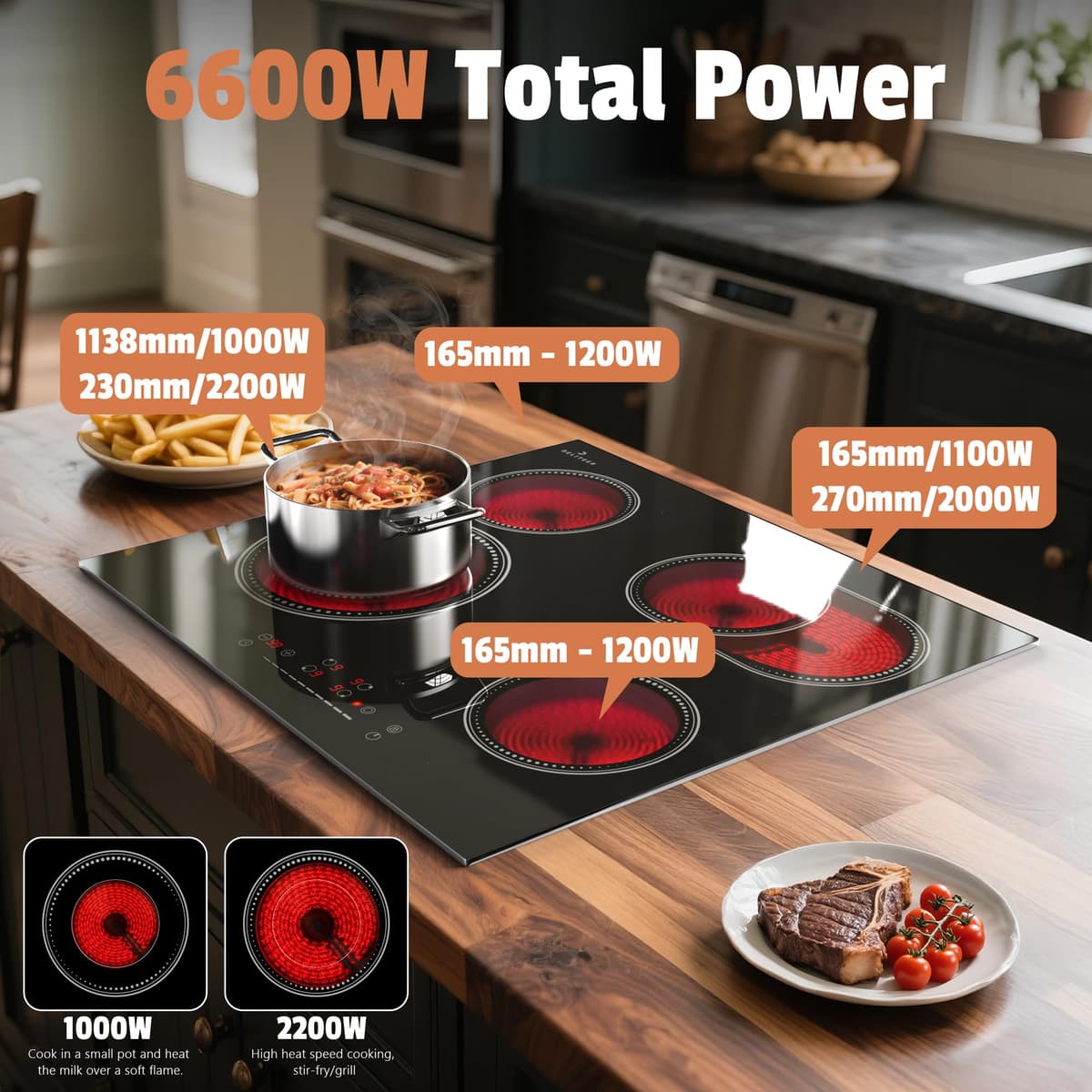 Electric Hob 60cm, 4 Zone Ceramic Hob 6600W, Built-in 60cm Electric Ceramic Hob with Oval Zond and Double-ring burner, 99 Mins Timer, No Plug — view 2