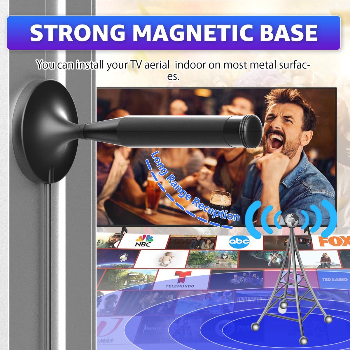 TV Aerial - Magnetic Base 360° Signal Reception Digital TV Aerial Indoor Compatible with Smart TV and All Televisions Supports 8K 4K 1080P Universal Indoor Aerial 5m Coaxial Cable — view 4