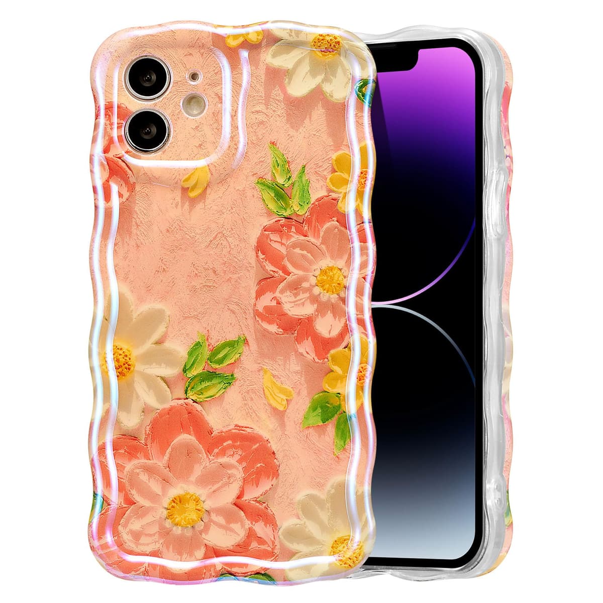 EYZUTAK Case for iPhone 16, Colorful Retro Oil Painting Printed Flower Laser Glossy Pattern Cute Curly Wave Edge Exquisite Phone Cover Stylish Durable TPU Protective Case for Girl Women-Green — view 100