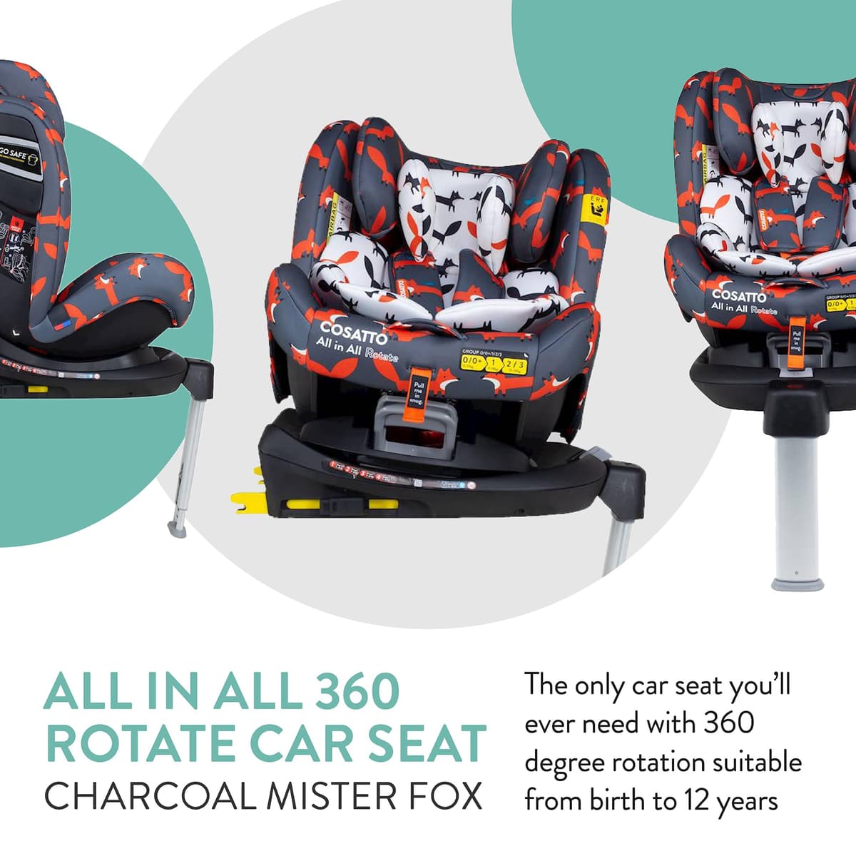 Cosatto All in All Rotate 360° Swivel Spin Car Seat - Group 0+123, 0-36 kg, 0-12years, ISOFIX, ERF, Anti-Escape (Charcoal Mister Fox) — view 2