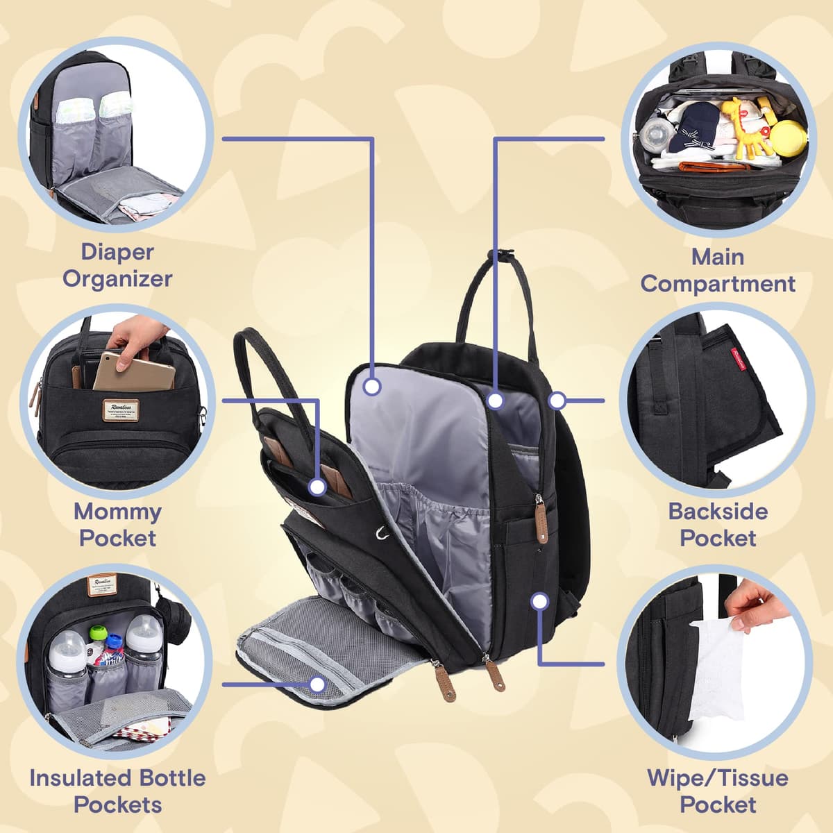 RUVALINO Baby Changing Bag Backpack, Neutral All-in-One Baby Bags for, Multifunction Large Travel Backpack with Portable Changing Pad, Stroller Straps, Pacifier Case and Insulated Pockets — view 3