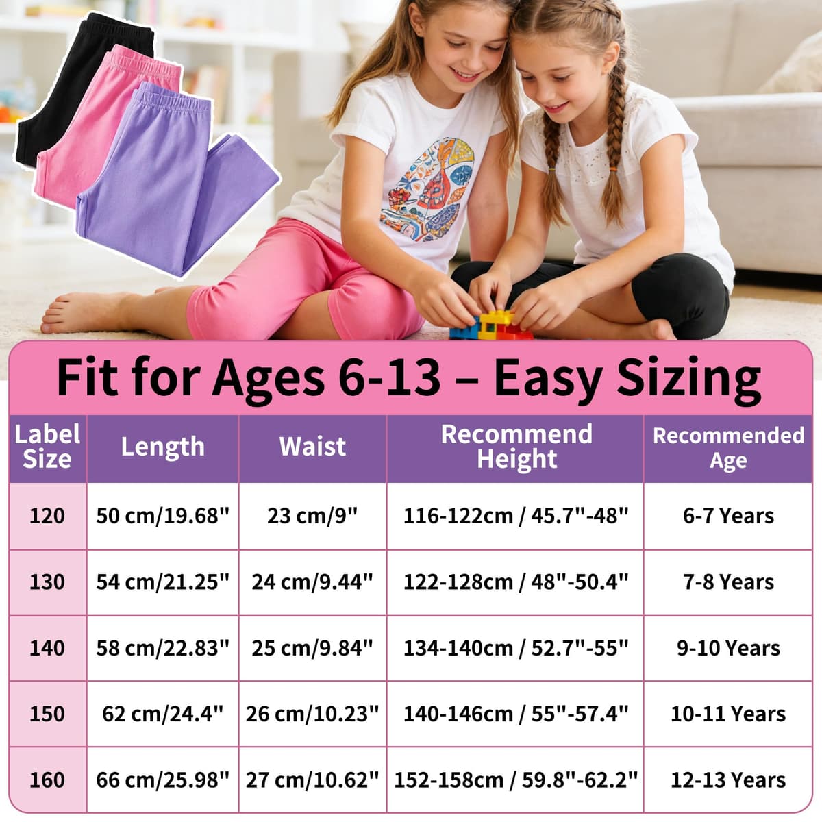 Domueay Niñas Leggings 3/4 Algodón Transpirable Elástica Deportivas Pantalones Cortos Cómodos Leggins, Pack de 3, Color Sólidos Niña Baile Escolar Mallas Infantiles Verano Ropa 6-13 Años — view 6