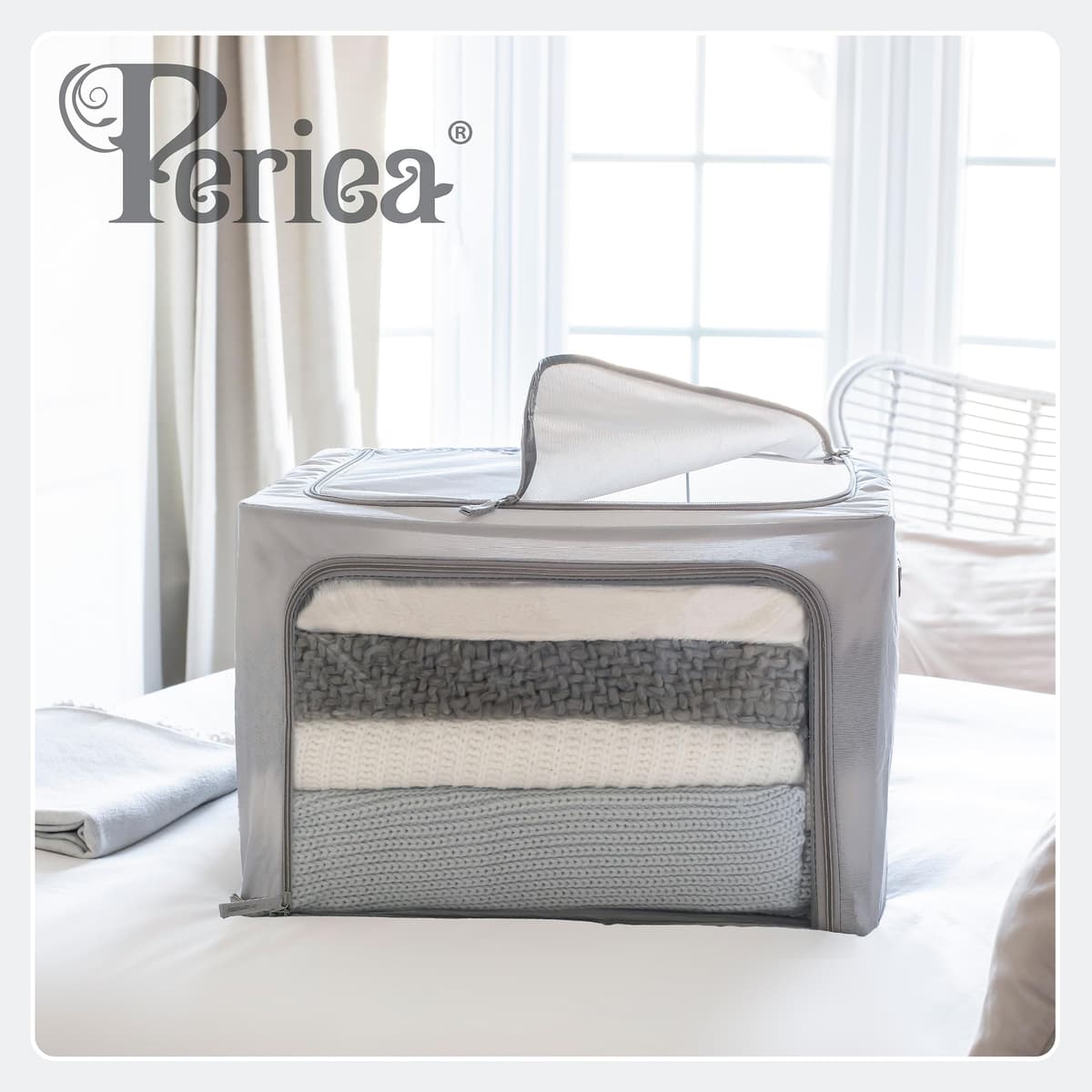 Periea ‘Beau’ Folding Collapsible Stackable Fabric Home Storage Boxes with Steel Frames (Black Grey Floral, Large) — view 2