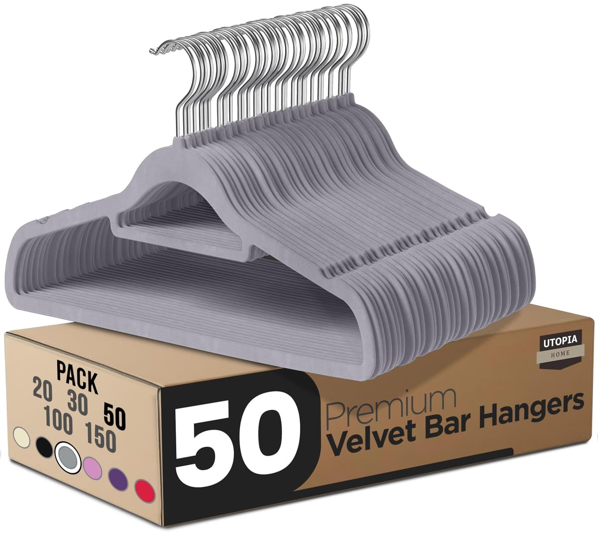 Utopia Home Perchas de Terciopelo - Perchas para Trajes de Terciopelo con Tie Bar - Antideslizantes (Gris, Paquete de 50)