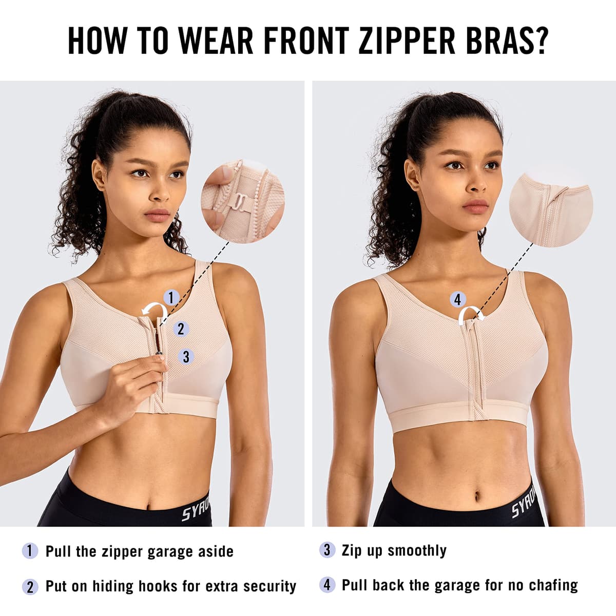 SYROKAN Women's Sports Bra High Impact Front Fastening Zipper Wireless Post Surgery Support Workout Bra — view 3