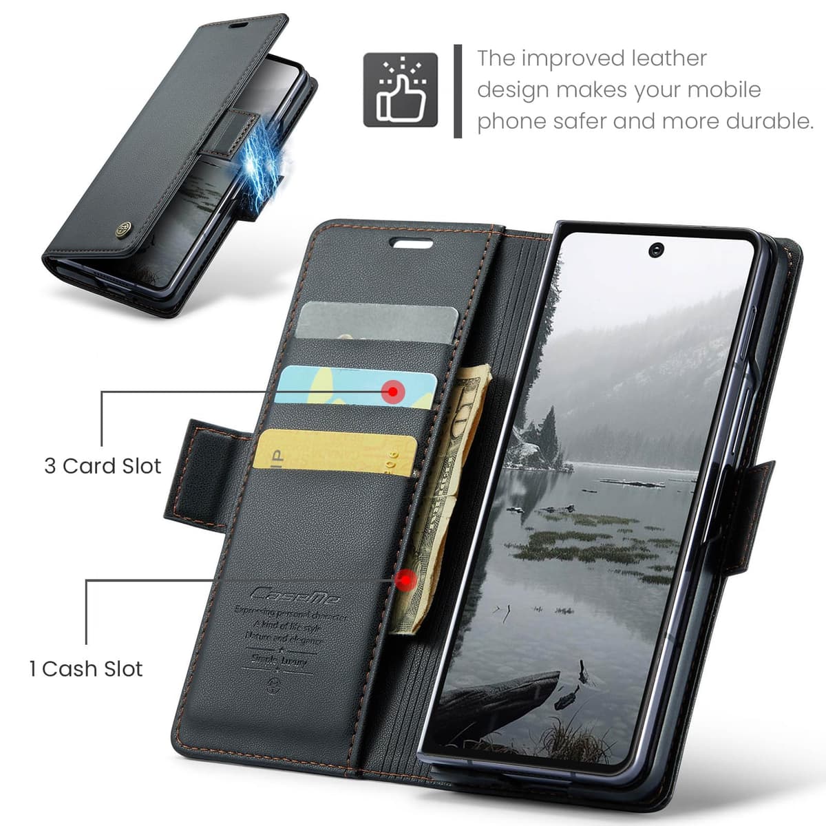 Case for Z Fold 7 Leather Wallet Flip Cover with Card Holder,Kickstand, Magnetic Closure,TPU Protection Phone Housse Compatible with Samsung Fold 7 - Black — view 3