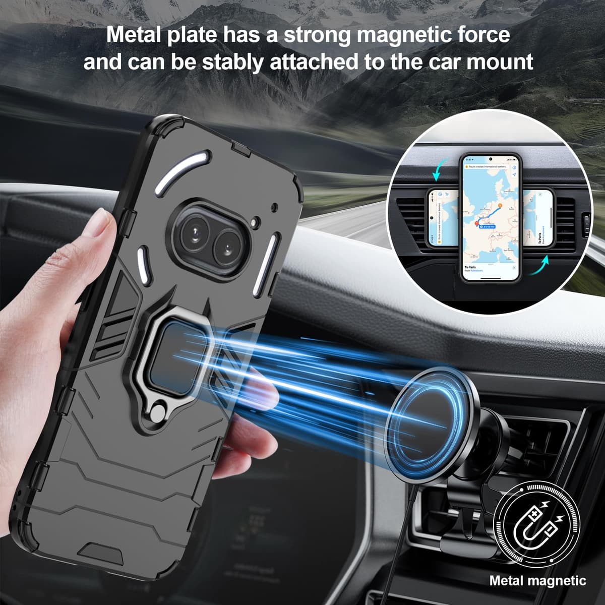 Funda para CMF Phone 2 Pro, Carcasa Antigolpes con Soporte anular metálico, Case Protectora de Grado Militar, Negro — view 699