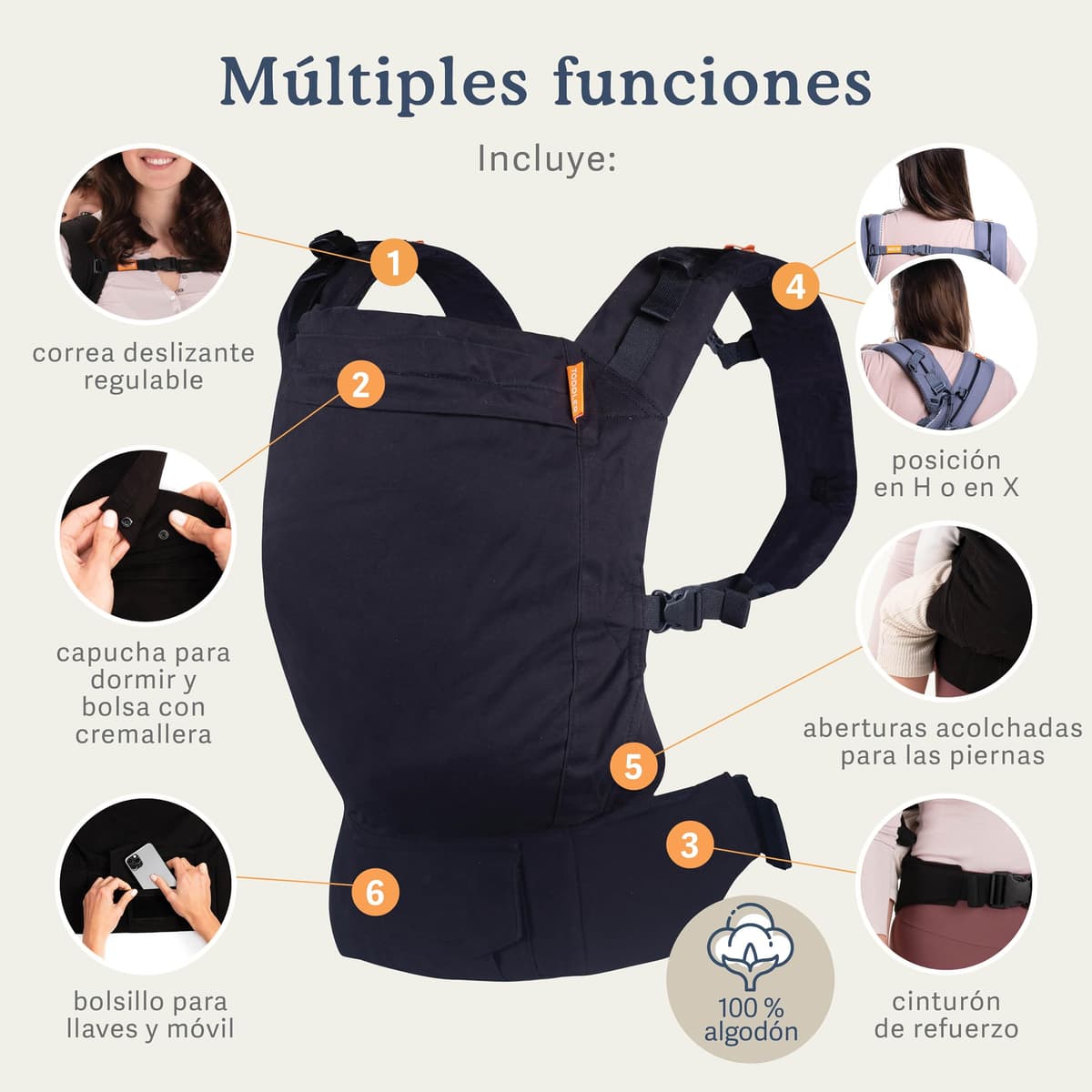 Beco Mochila porteo para niños con asiento extra ancho 100% algodón - Mochila para cargar niños liviana y respirable para usar en espalda o hacia el frente, Soporta niños de 9 a 27 kilos (Negro Pleno) — view 3
