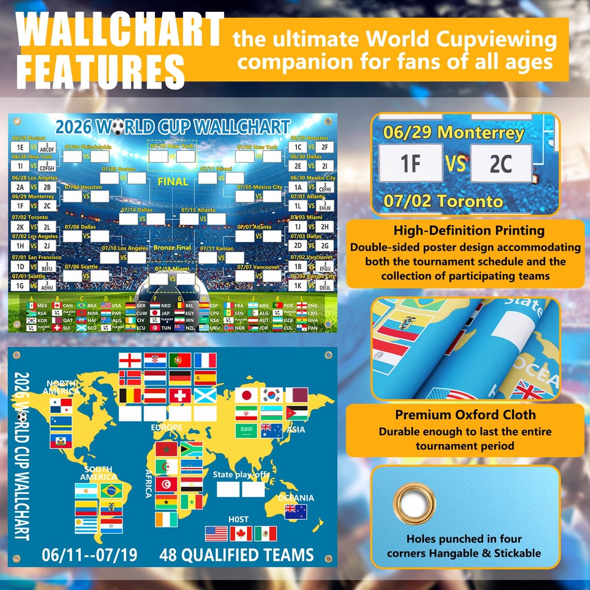 World Cup 2026 Wall Chart 90x60CM & Final Round 48-Team Collection Showcase,2-in-1 World Cup Matches Poster,World Cup Football Wall chart 2026 Gifts for Football Fans — view 4