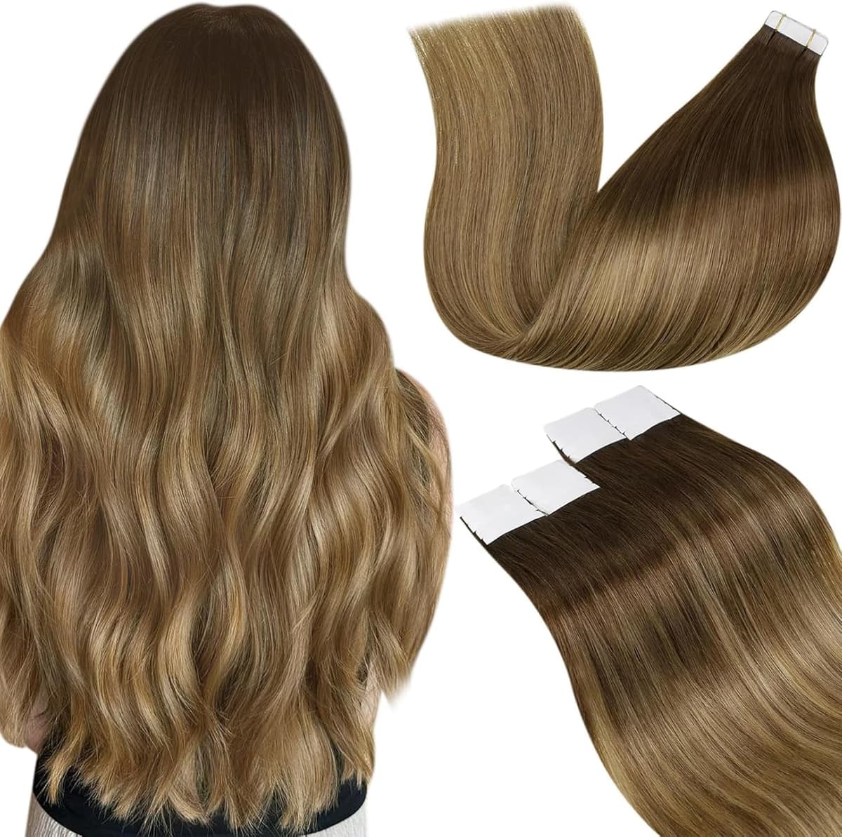 LaaVoo Tape in Hair Extensions Human Hair Blonde Tape Hair Extensions Real Human Hair Invisible Tapes Remy Straight Balayage Brown to Blonde Hair Double Sided Tabs 20pcs 50g 16 Inch #8/18/60 — view 146