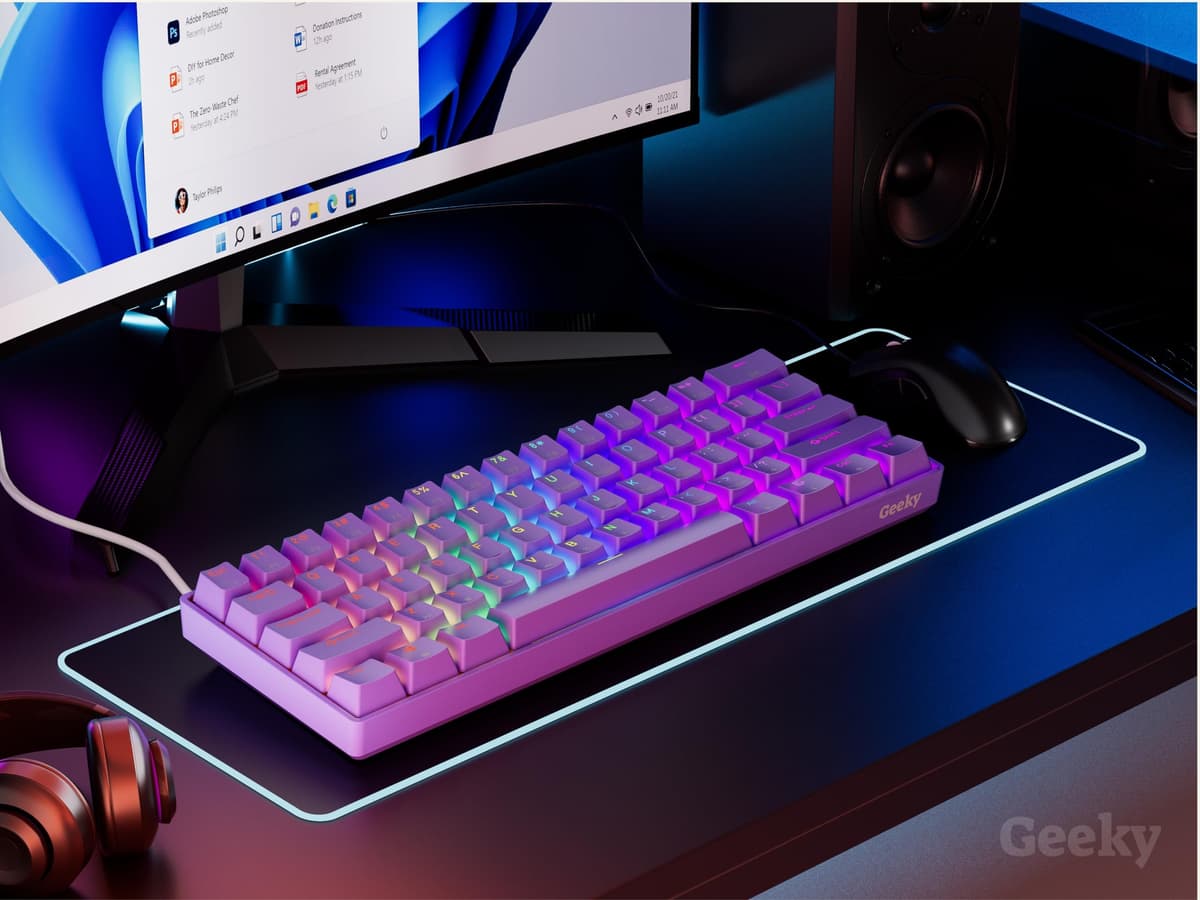 Geeky GK61 60% | Hot Swappable Mechanical Gaming Keyboard | 61 Keys Multi Color RGB LED Backlit for PC/Mac Gamer | ANSI US American Layout (Lavender, Mechanical Speed Yellow) — view 4