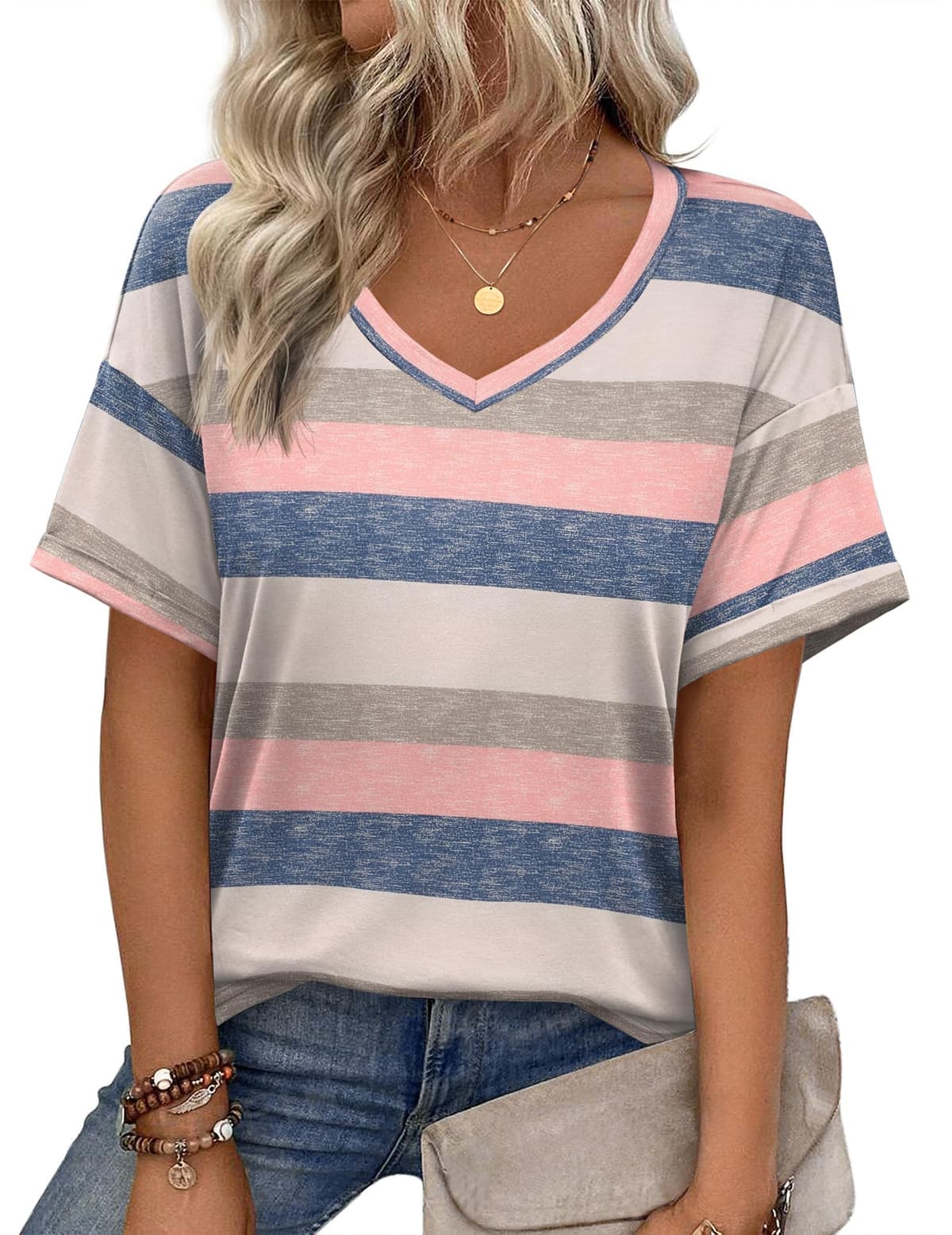 Zeagoo Camiseta básica de manga corta con cuello en V para mujer, para verano, informal, holgada, floral, blusa — view 9