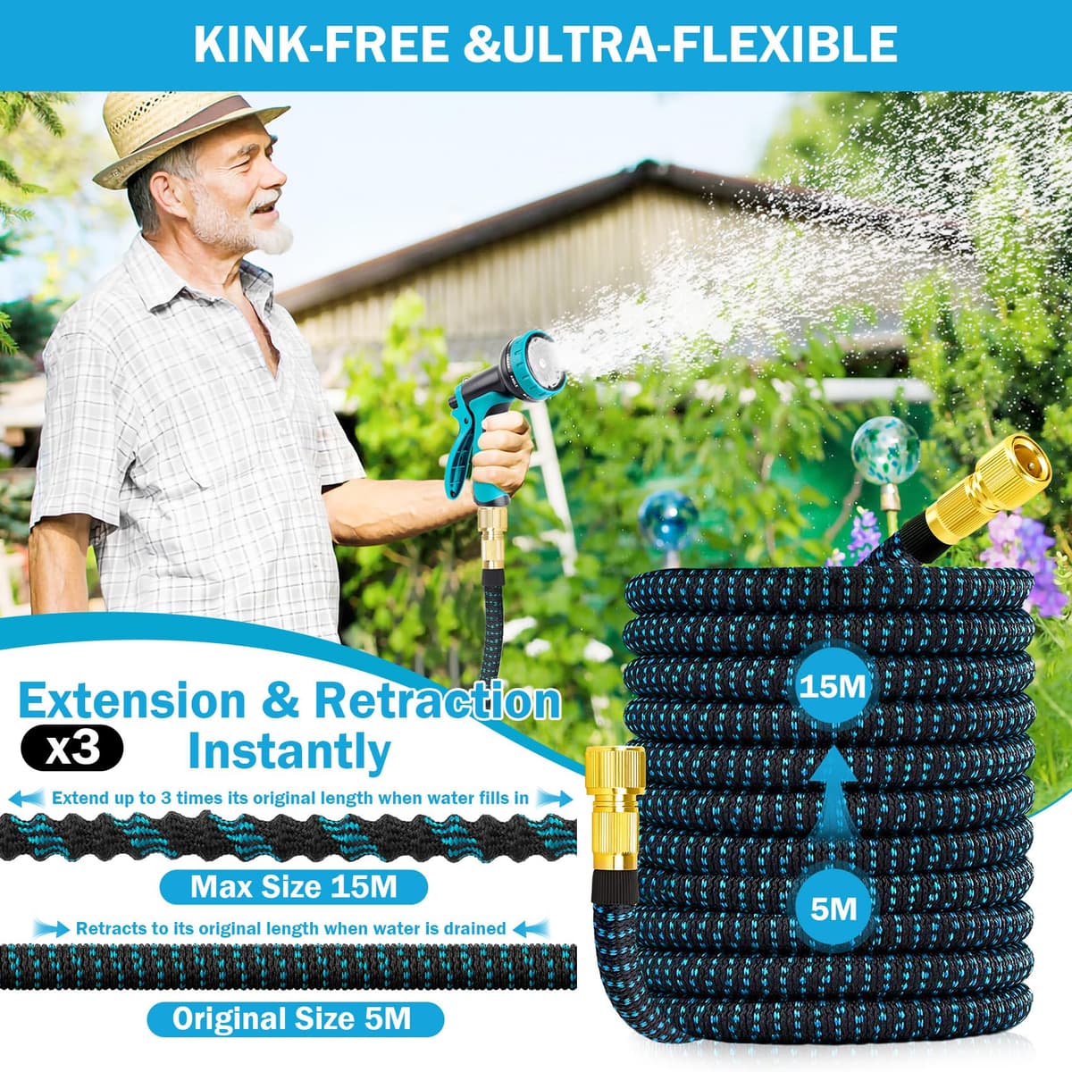 Expandable Garden Hose - Upgraded 3-Layer Latex Hose Pipe 50ft 15m Leak-Proof, Expanding Hose with Spray Gun, Stretchy Magic Hose with Fittings,No-Kink Flexible Water Hose for Garden,Pet,Car Cleaing — view 4