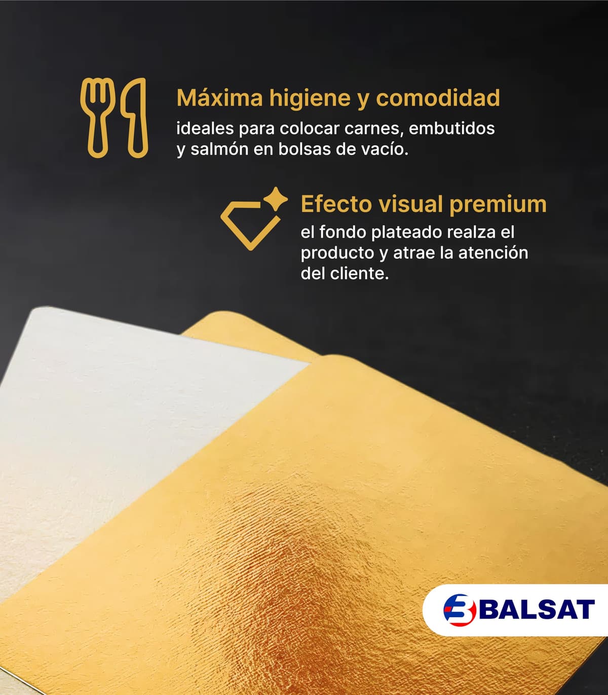 BALSAT Paletinas Cartón Reversibles Plata/Oro 15x21, 20x21 y 25x21 cm – Presentación de Embutidos, Salmón y Alimentos – Rígidas para Bolsa Alimentaria y Envasado al Vacío – Pack 100 Unidades (15x21) — view 4