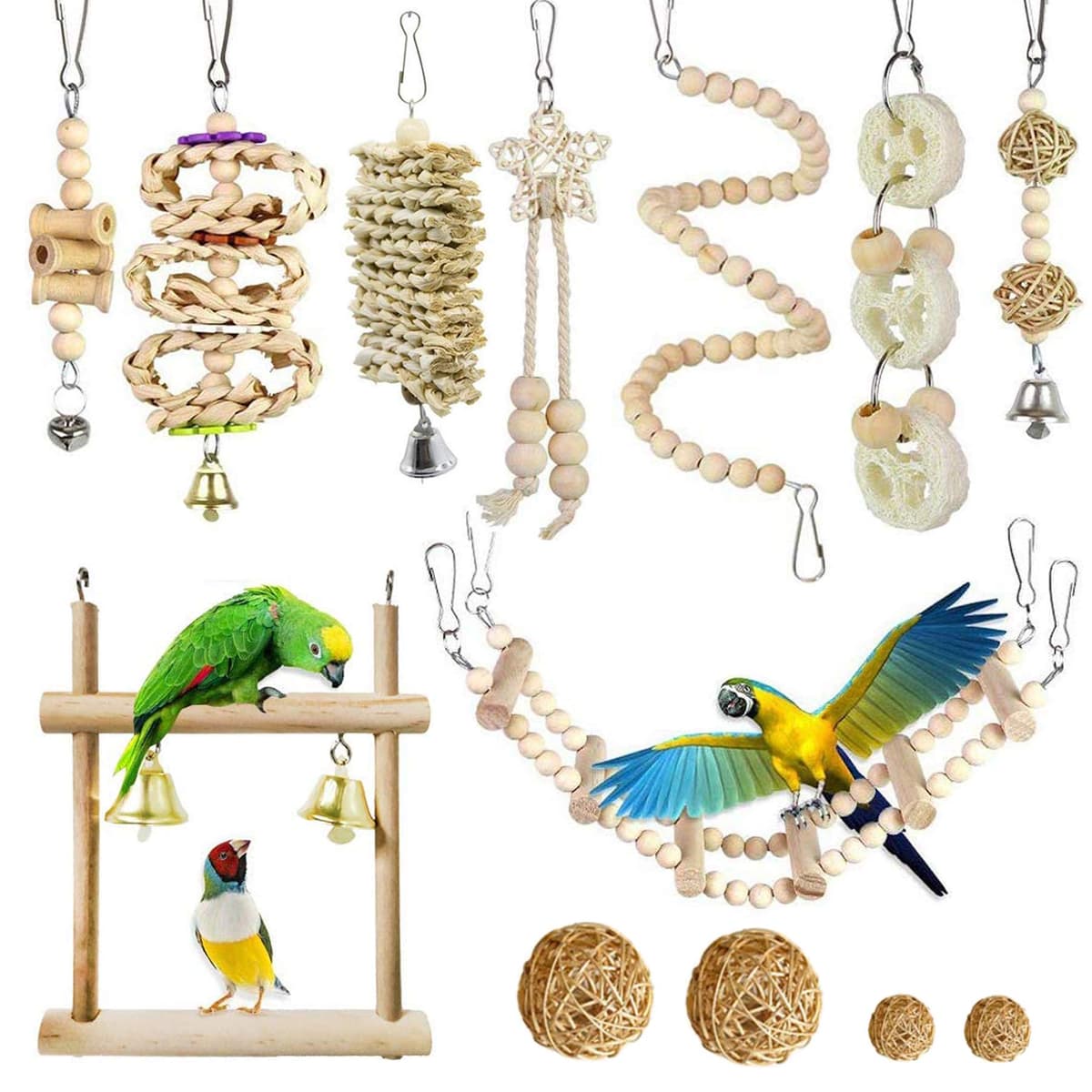 Allazone 14 Pz Juguetes para Pájaros, Escalera de Madera, Pájaros Juguetes con Campanas Que Cuelga la Perca Juguete para Pequeños y Medianos Loros de Aves — view 9
