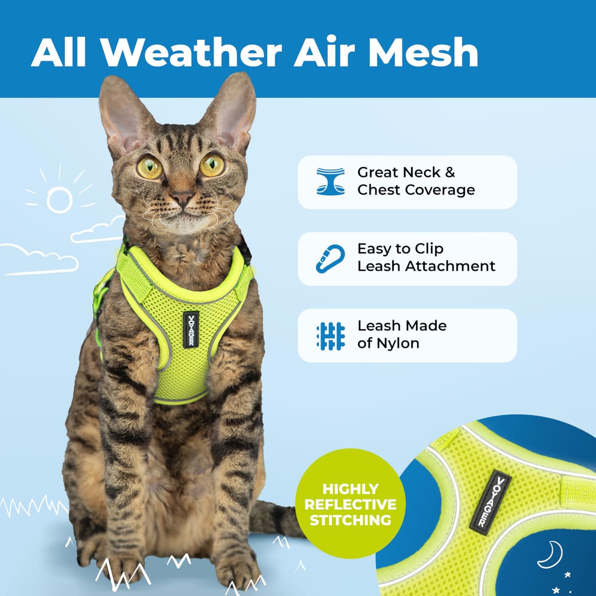 Voyager Escape Proof Cat Harness and Leash Set with Reflective Stitching, Neoprene Handle 5ft - Supports Small, Medium and Large Cats, Kittens for Walking by Best Pet Supplies - Lime, S — view 3