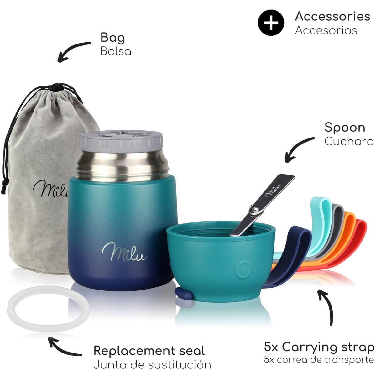 Milu Termo para Comida 450 ml Taza Aislada, Botella de Acero Inoxidable Aislada Alimentos, Beber y sopa de los niños de adultos Térmico (450ml/Verde Azul) — view 5