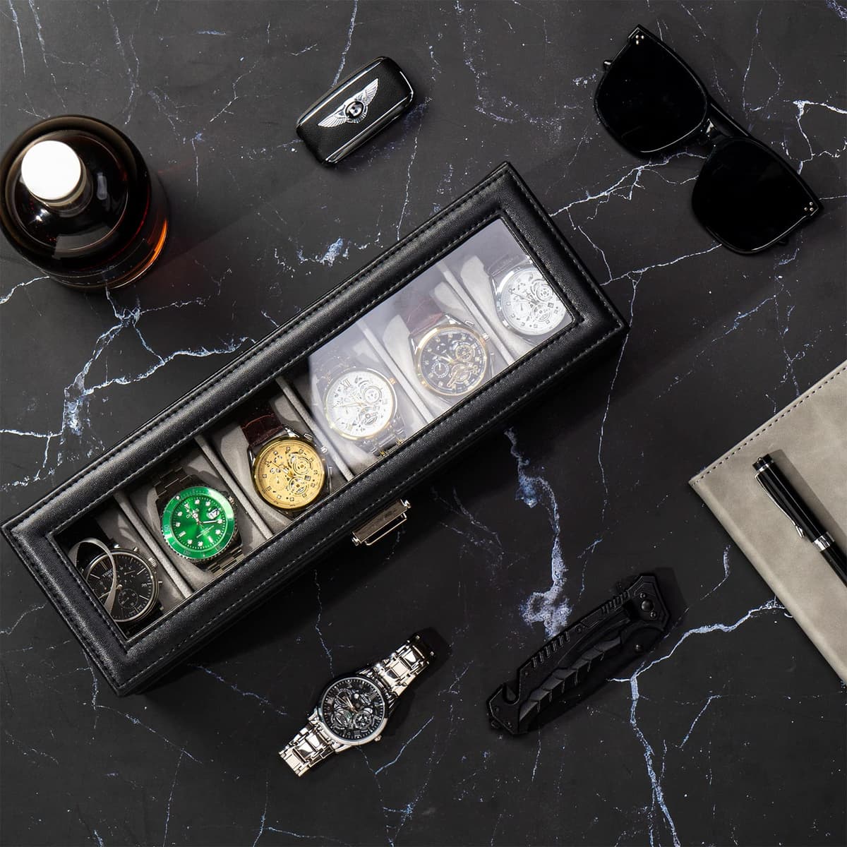 ProCase Caja de Relojes de 6 Ranuras con Cajón, Funda Organizadora de Reloj de 2 capas con Tapa de Cristal, Estuche de Almacenamiento para Hombres y Mujeres -Negro — view 3