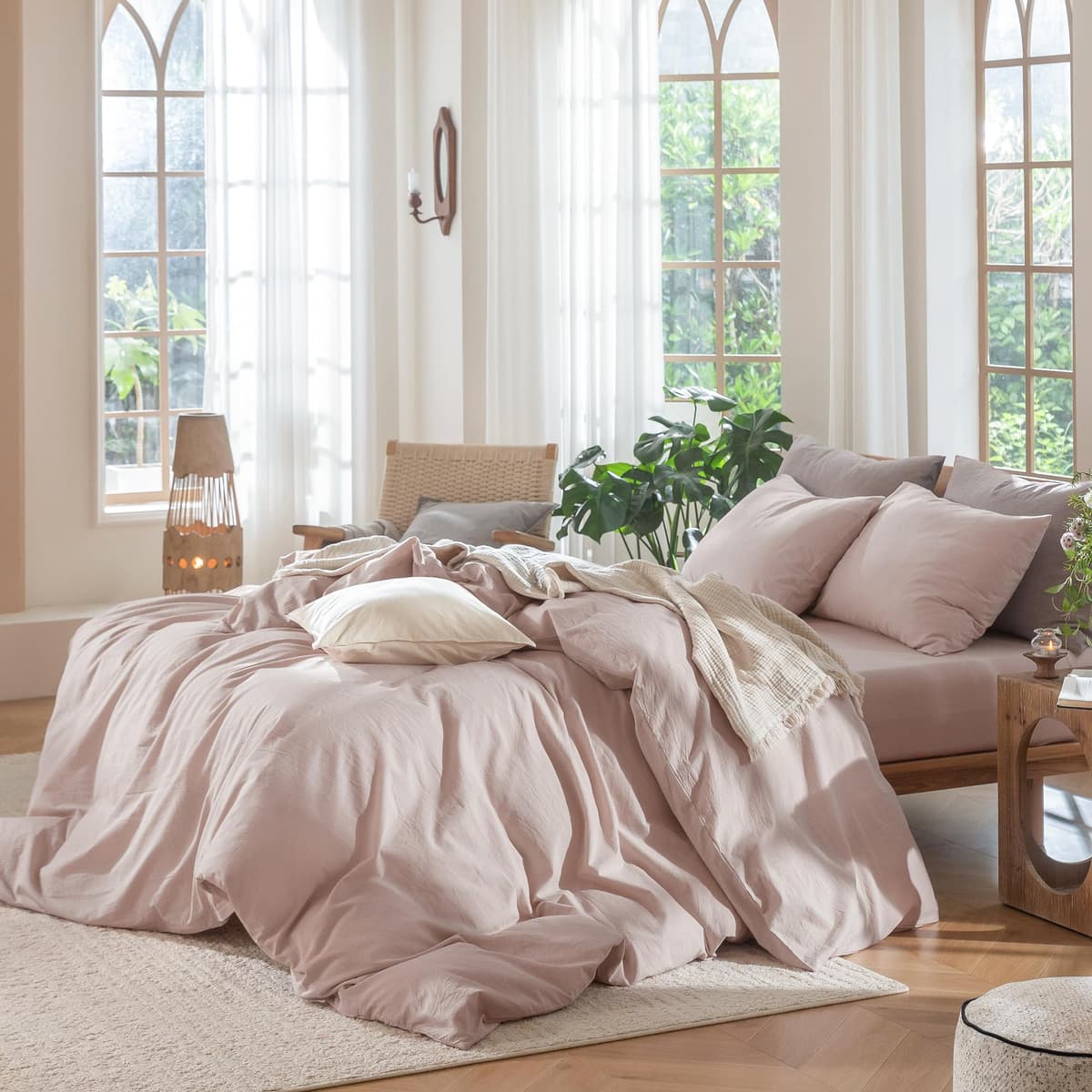 MooMee Bedding Duvet Cover Set 100% Washed Cotton Linen Like Textured Breathable Durable Soft Comfy (Tannish Linen Grey, King) — view 180
