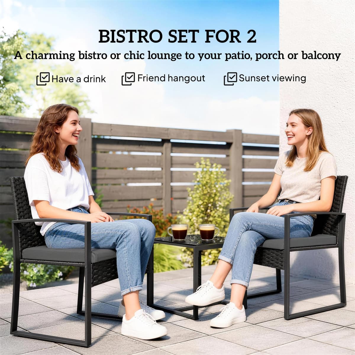 Outsunny 3 Piece Rattan Bistro Set, PE Wicker Garden Furniture Conversation Set, Tempered Glass Bistro Table and Chairs with Cushions for Patio, Balcony, Porch, Dark Grey — view 3