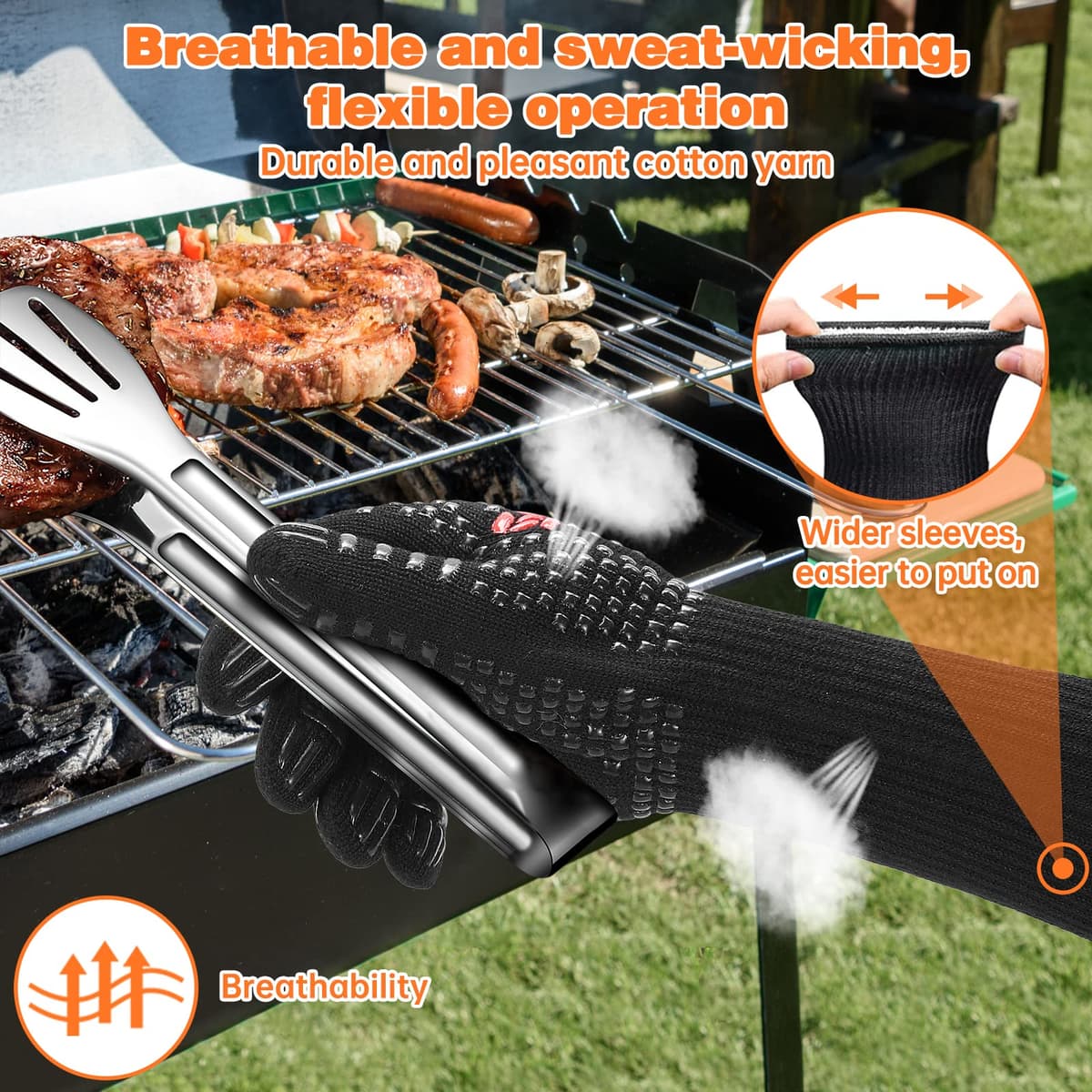 SPGOOD Guantes Barbacoa Guantes Horno Altas temperaturas Largos, BBQ Guantes Resistentes al Calor hasta 800℃ para Cocina, Parrilla, Hornear, Microondas, Chimenea Negro（L/XXL） — view 4