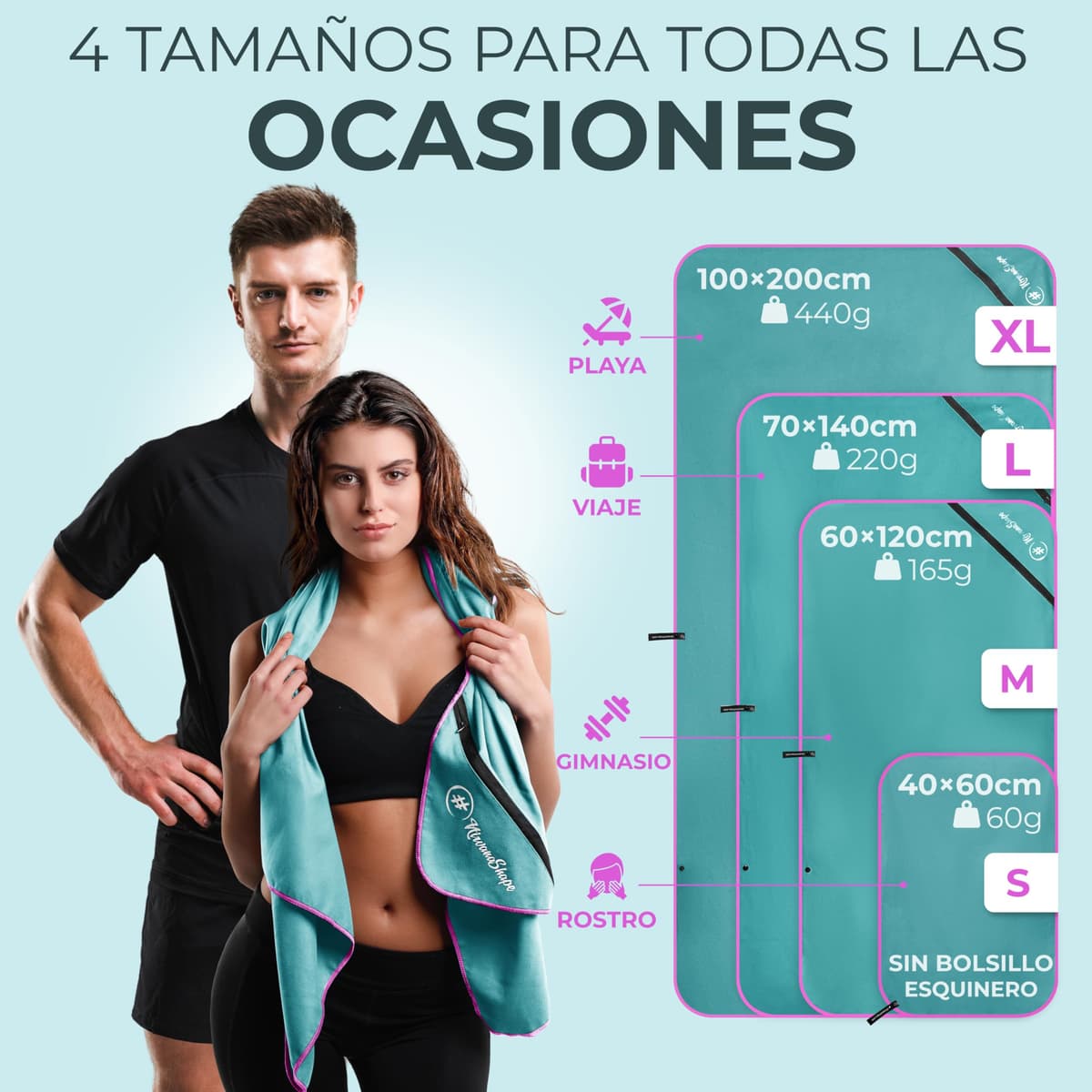 NirvanaShape Toalla de Microfibra 60 x 40 cm, Toalla de Viaje Ligera y compacta - Toalla de Microfibra para Viajes, Vacaciones, Fitness - sin Bolsillo en la Esquina ni Bolsa de Embalaje — view 5