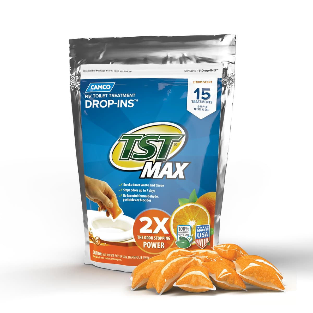 Camco TST MAX RV Toilet Treatment Drop-INs - Control Unwanted Odors & Break Down Waste and Tissue - Safe Septic Tank Treatment - Orange Scent, 30-Pack (41183) — view 10