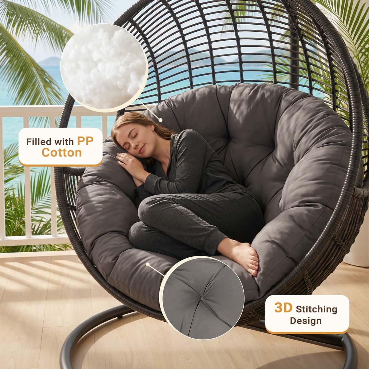 Papasan Chair Cushion Outdoor: Waterproof Egg Nest Replacement Breathable Hammocks Swing Seat Pad Round Soft Supportive Pillow for Indoor Garden (Dark gray, 80cm) — view 3