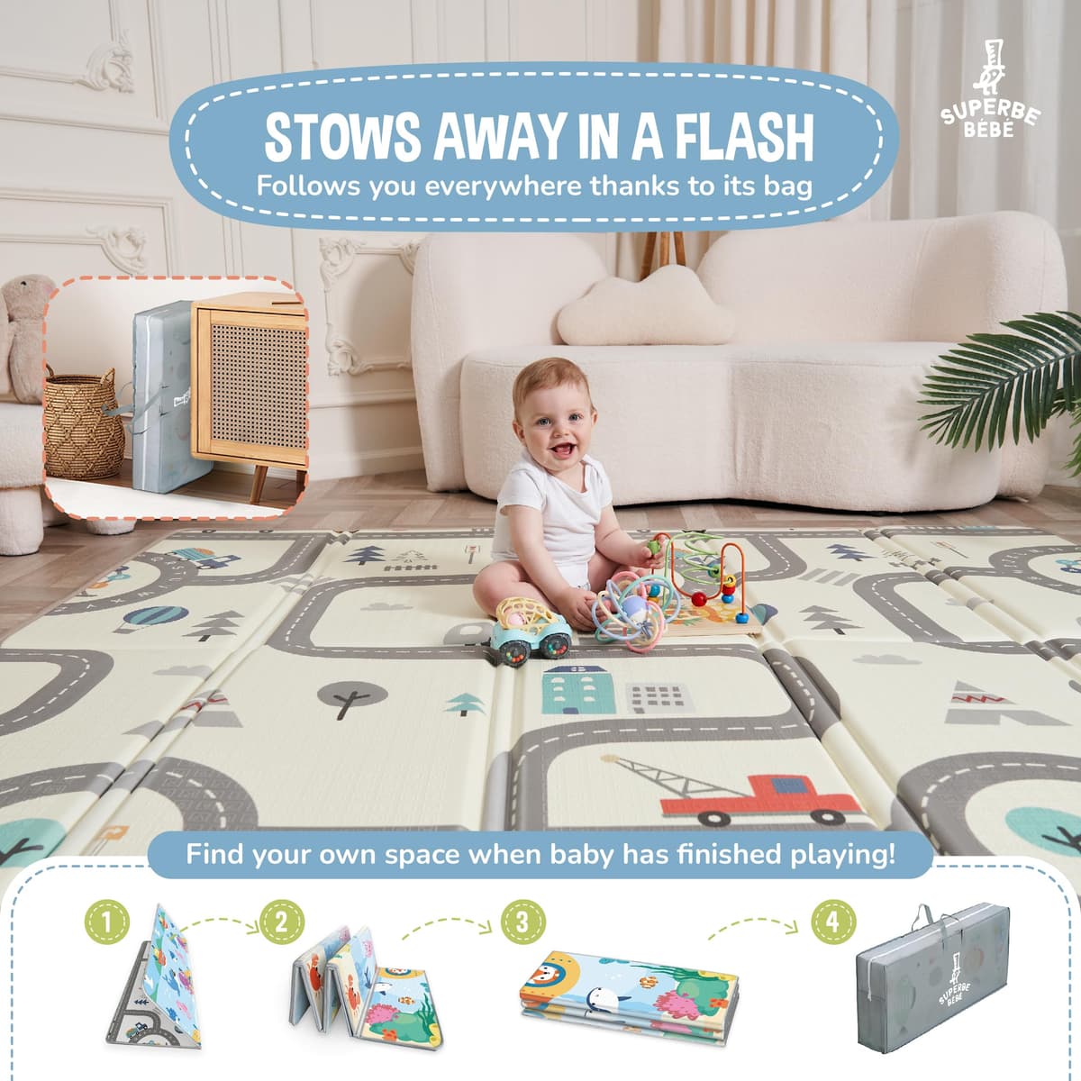 Reversible and Non-Toxic Thick Foldable Waterproof Foam Baby Play Mat 180x160x1cm. Floor Mat for Kids Toddlers Children. for Boy or Girl Child's Room. Extra Large Size SUPERBE BEBE ® — view 2