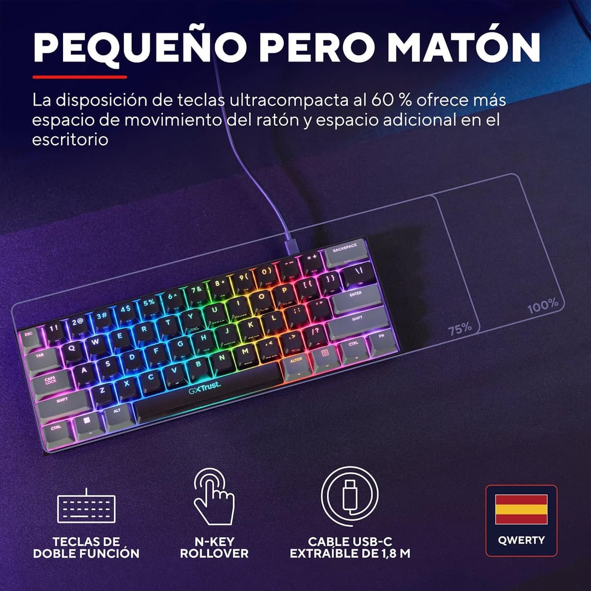 GXTrust 867 Acira Teclado Mecánico 60% Español QWERTY, Teclas de Doble Función, Iluminación RGB, Mini Teclado Gaming Compacto Programmable con Cable USB PC Portátil - Negro/Gris Mini (60%) — view 3