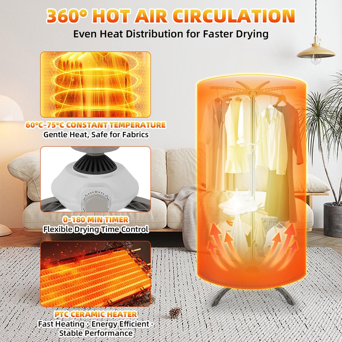 Portable Clothes Dryer, Foldable Electric Mini Dryer with Towel Rack, 900W Heated Drying Pod, 2-Layer 360° Hot Air Drying, Compact Travel Dryer for Home, Apartment, RV & Travel — view 2