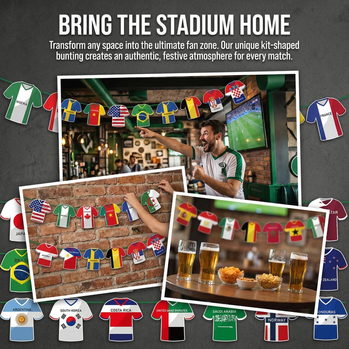 2026 World Cup Decorations,Jersey Style Bunting Flags,All Teams Soccer Shirt Garland for Football Party,Vibrant International Pennants for Fan Zone, Bar, Tailgate & Home Viewing — view 3