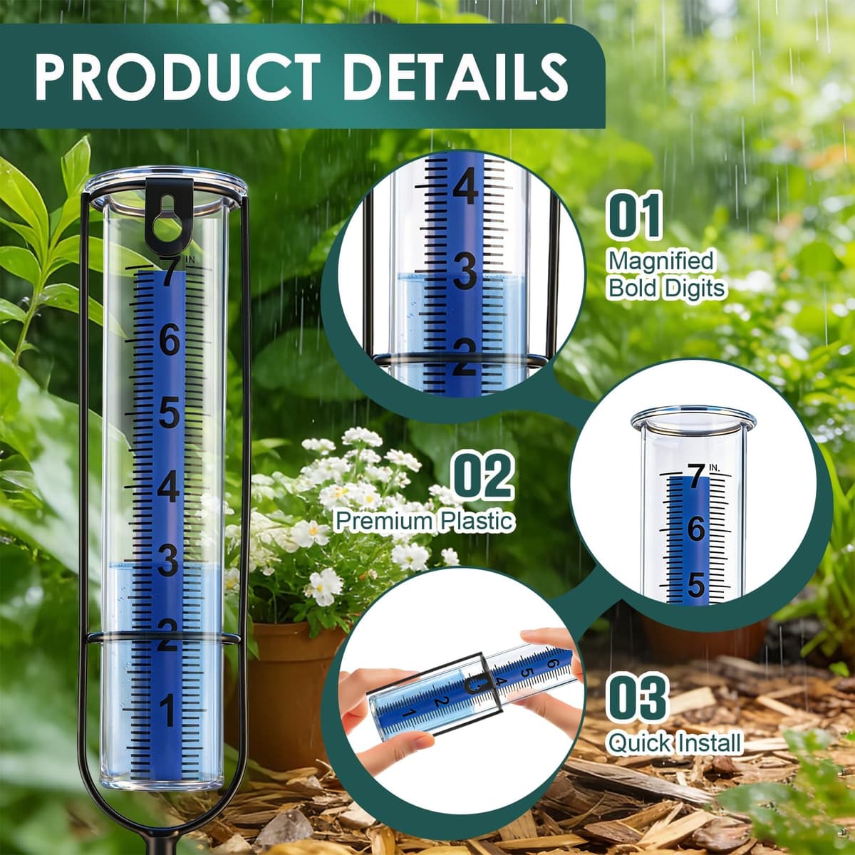 Rain Gauge for Outdoor, Freeze Proof Water Gauge Adjustable Height Rain Catcher Measure, Dual Scale Accurate Rainfall Measurement Tool for Outdoor Yard, Garden, Lawn, Farm & Golf Course - Easy to Read — view 3