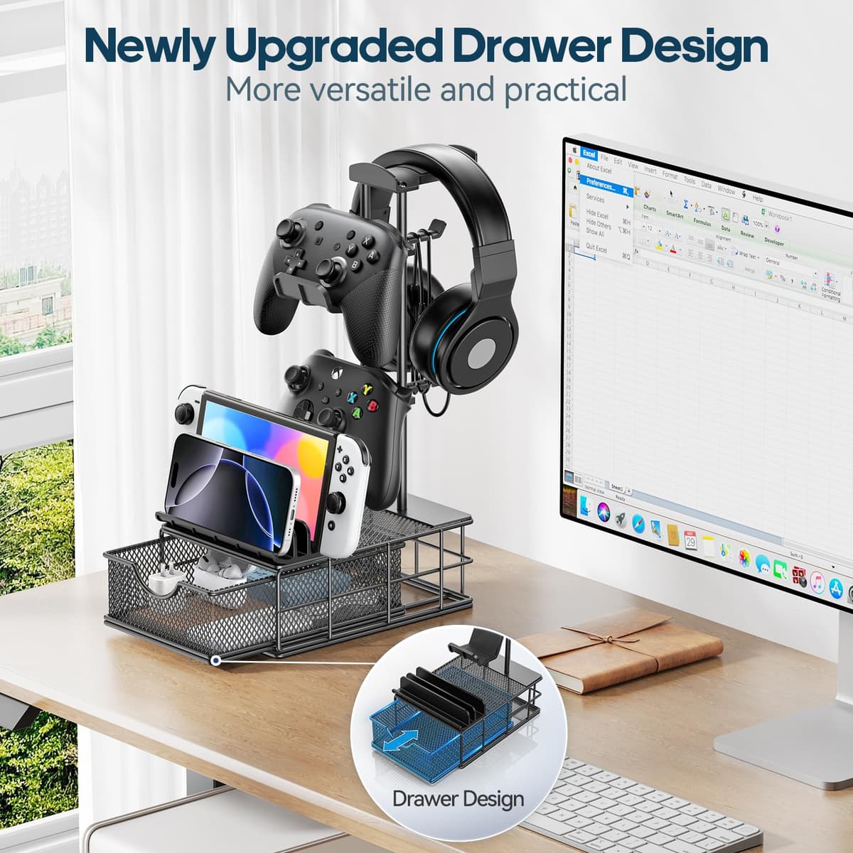 KDD Gaming Headset Stand with Drawer, Universal Stand Controller & Headphone Holder Table with Cable Organizer, Controller Hook with Aluminium Support Bar for Gaming Accessories Gaming PC — view 2