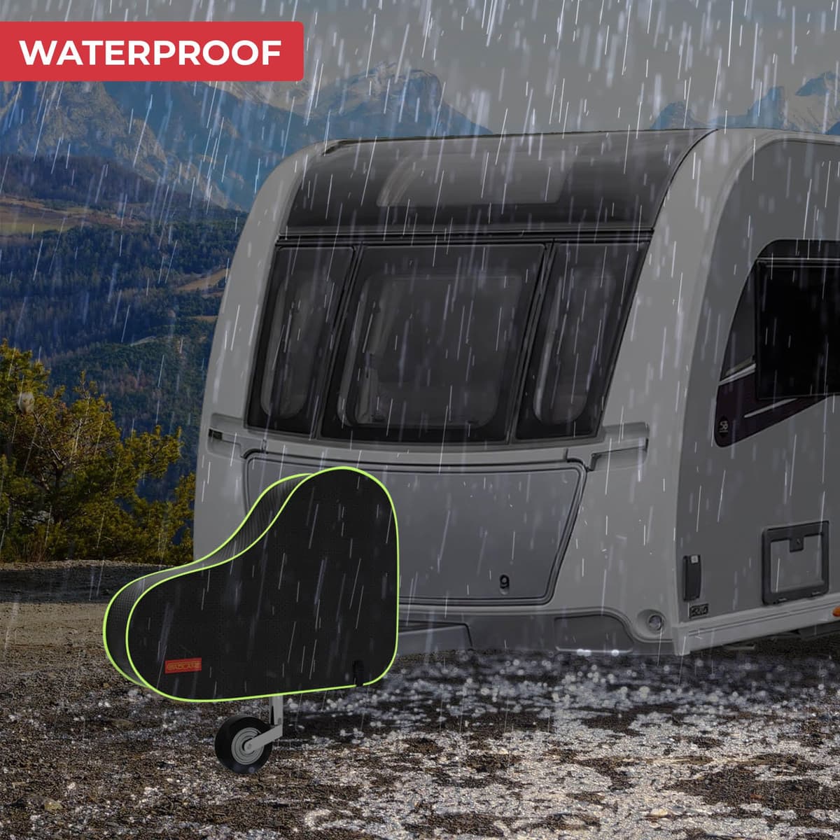 GADLANE Caravan Hitch Cover With Strap - Waterproof Tow Bar Cover, 62cm x 90cm, Heavy Duty Nylon With Green Fluorescent Strip, For Most Caravans/Motorhomes/Trailers (Black) — view 4