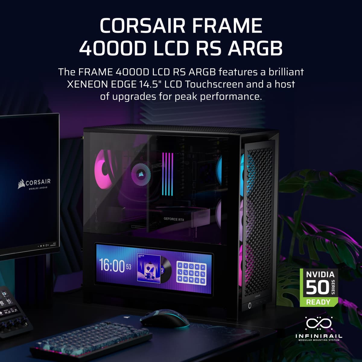 CORSAIR FRAME 4000D LCD RS ARGB Modular Mid-Tower ATX PC Case – XENEON EDGE LCD Touchscreen, InfiniRail Fan Mounting System, 4x RS120 ARGB PWM Fans, Reverse Motherboard Support – Black — view 2
