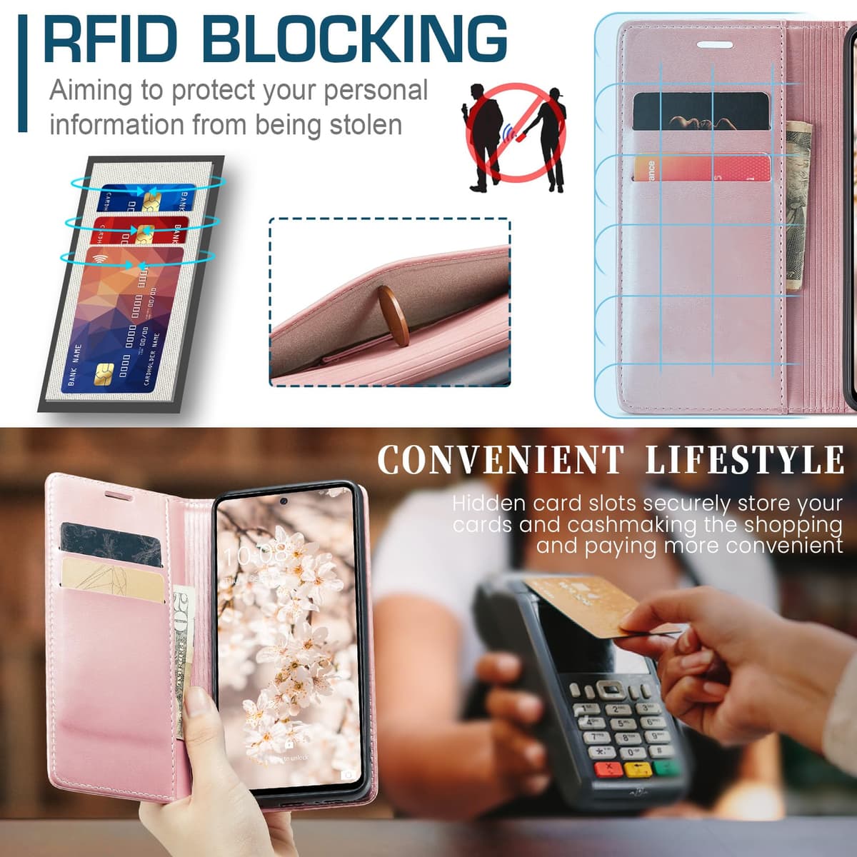 Casecond Funda para Samsung Galaxy A53 5G Cuero Premium Flip Folio Carcasa Case con Tarjetero Fundas Tapa Libro Magnético con Bloqueo RFID Proteccion para Mujeres Hombres - Azul Verde — view 3
