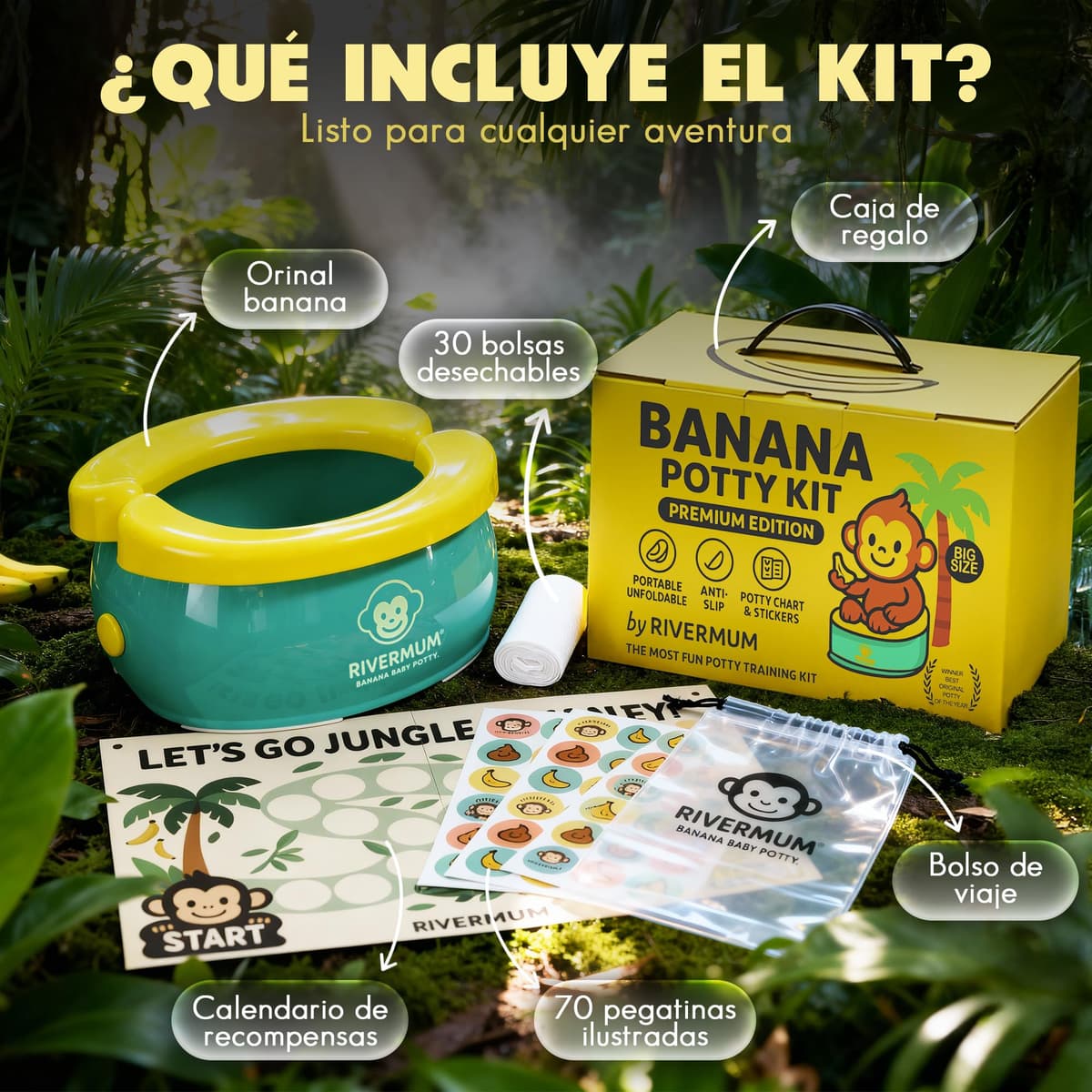 Kit Orinal Portatil Niños Plegable Banana XL, Orinal Infantil Pórtatil para viajes o casa, WC Inodoro portatil Niños, Potty Training, Incluye Bolsas, Pegatinas y Cacalendario (VERDE) — view 2