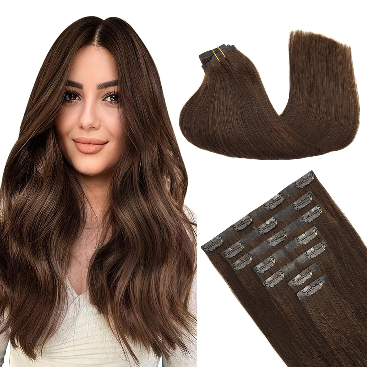 GOO GOO Clip in Hair Extensions Human Hair, 18inch 150g 9Pcs, #2 Dark Brown, Hair extensions for women, Human Hair Extensions Clip in — view 16