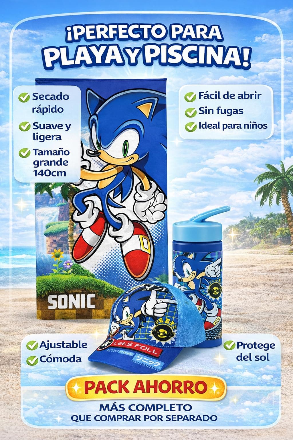 MARUKATSU Sonic Pack Playa Niño Completo Toalla 140x70 cm + Gorra Ajustable + Botella 410ml – Set Verano Infantil Microfibra Secado Rápido Piscina — view 2