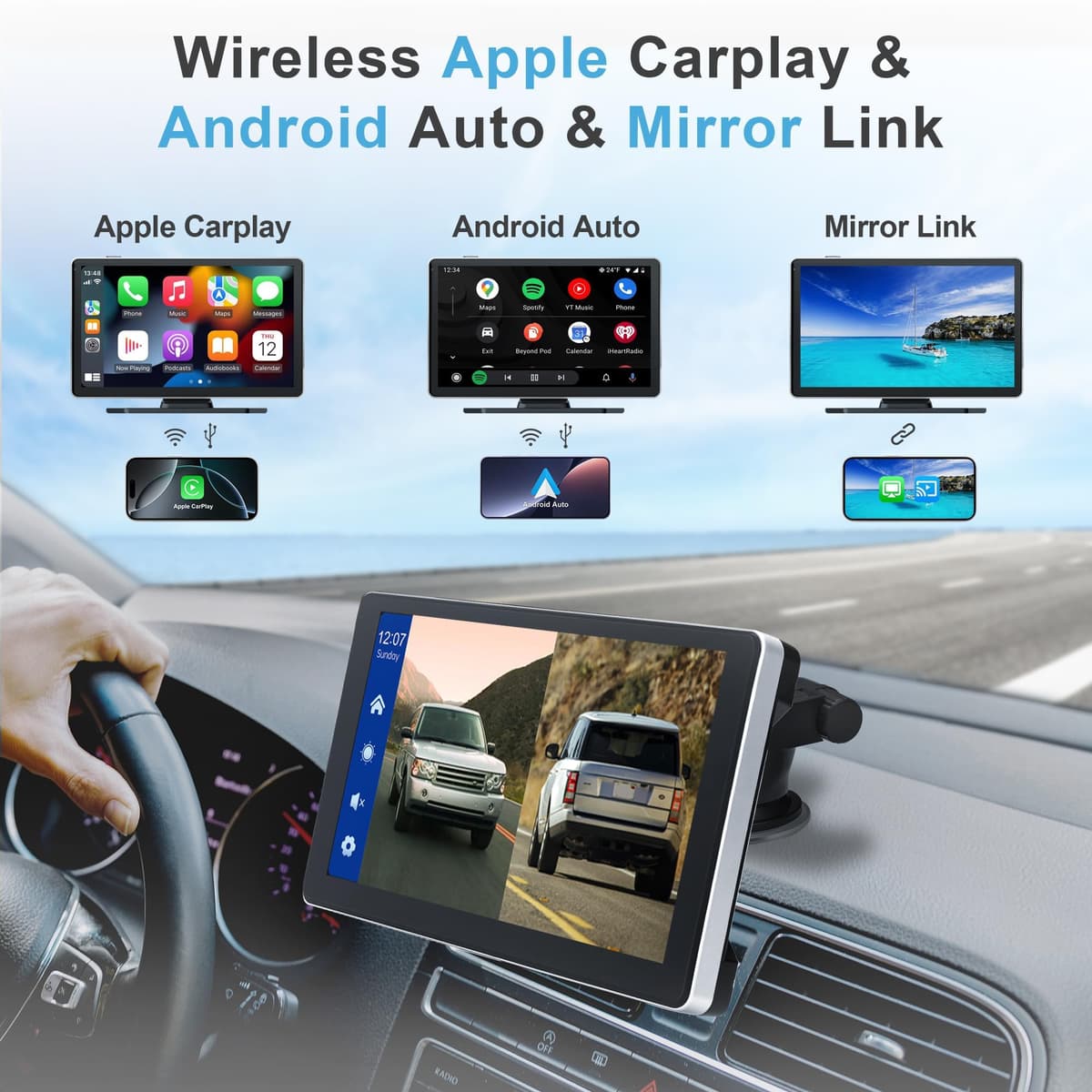 9 Inch Car Stereo with Apple Car Play & Android Auto,Portable Touch Screen Car Player Wireless Car Play Screen with Voice Control, with 4K Front+Rear 1080P Dual Camera Dash Cam (9 Inch+2 Camera) — view 4