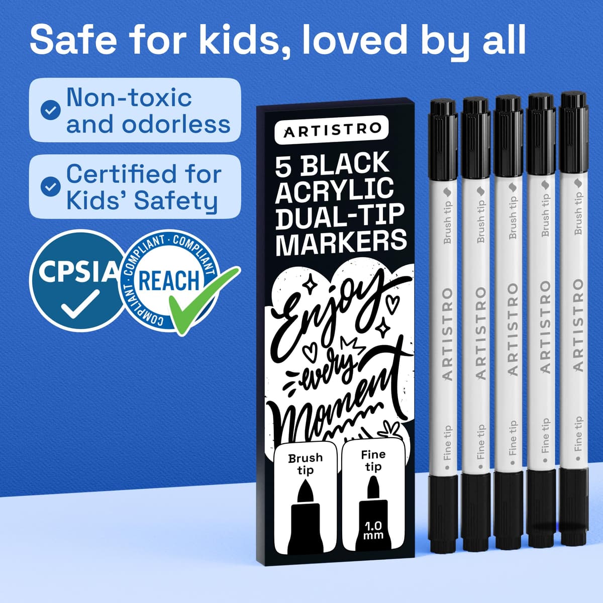 ARTISTRO 5 Black Acrylic Paint Pens – Dual Tip (Brush & Fine) Markers for Fabric, Canvas, Rock, Glass, Wood – Calligraphy, Scrapbook Supplies DIY & Gift for Kids, Teens - Art Set — view 6
