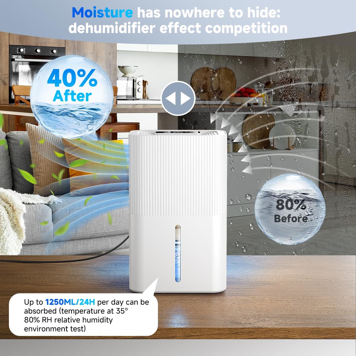 Deshumidificador 2700ML, Deshumidificador Eléctrico Silencioso Temporizador, Modo Sueño, Luz Nocturna de 7 Colores, Portátil, Ideal para Apartamentos, Baños y Sótanos (1250ML/24H) — view 2