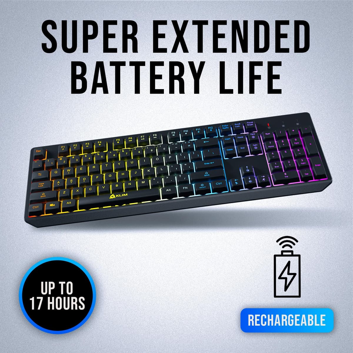 KLIM Chroma Wireless Gaming Keyboard RGB New - Long-Lasting Rechargeable Battery - Quick and Quiet Typing - Water Resistant Backlit Wireless Keyboard for PC PS5 PS4 Mac - Black — view 3