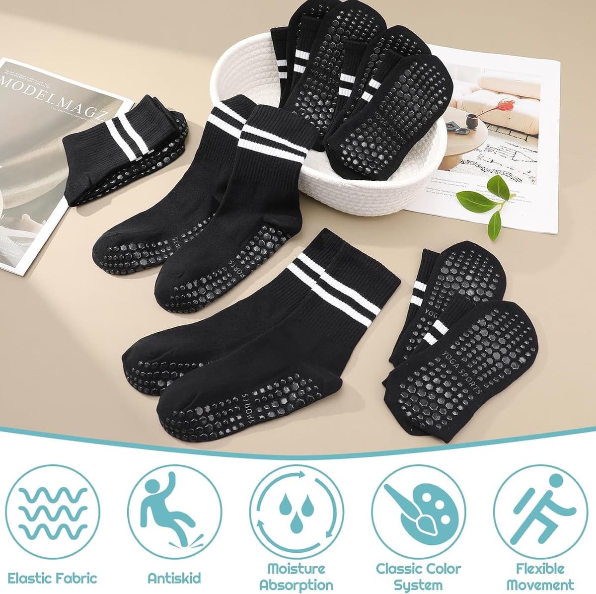 Yoga Grip Socks Women, Non Slip Pilates Socks Grippy Socks Ladies Mid-Calf Grip Socks Breathable Cotton Socks for Ballet, Dance, Workout, Fitness, Running 38-42 black 6 — view 4