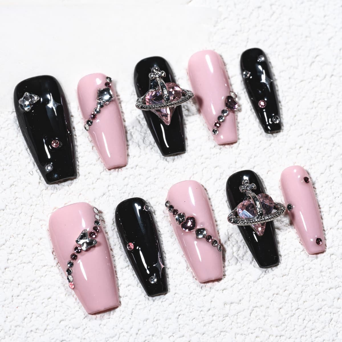 Sun&Beam Nails Handmade Press On Nail Long Coffin Ballerina Pink Flower Acrylic Fake Tip 3D Design Art Charms Cute with Storage Box 10 Pcs (S) — view 240
