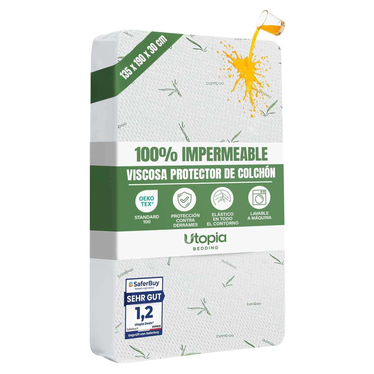 Utopia Bedding Protector de Colchón 135 x 190 x 30 cm Impermeable, Viscosa Premium, Certificación Oeko-Tex, Cubre Colchón Transpirable, Elástico En Todo