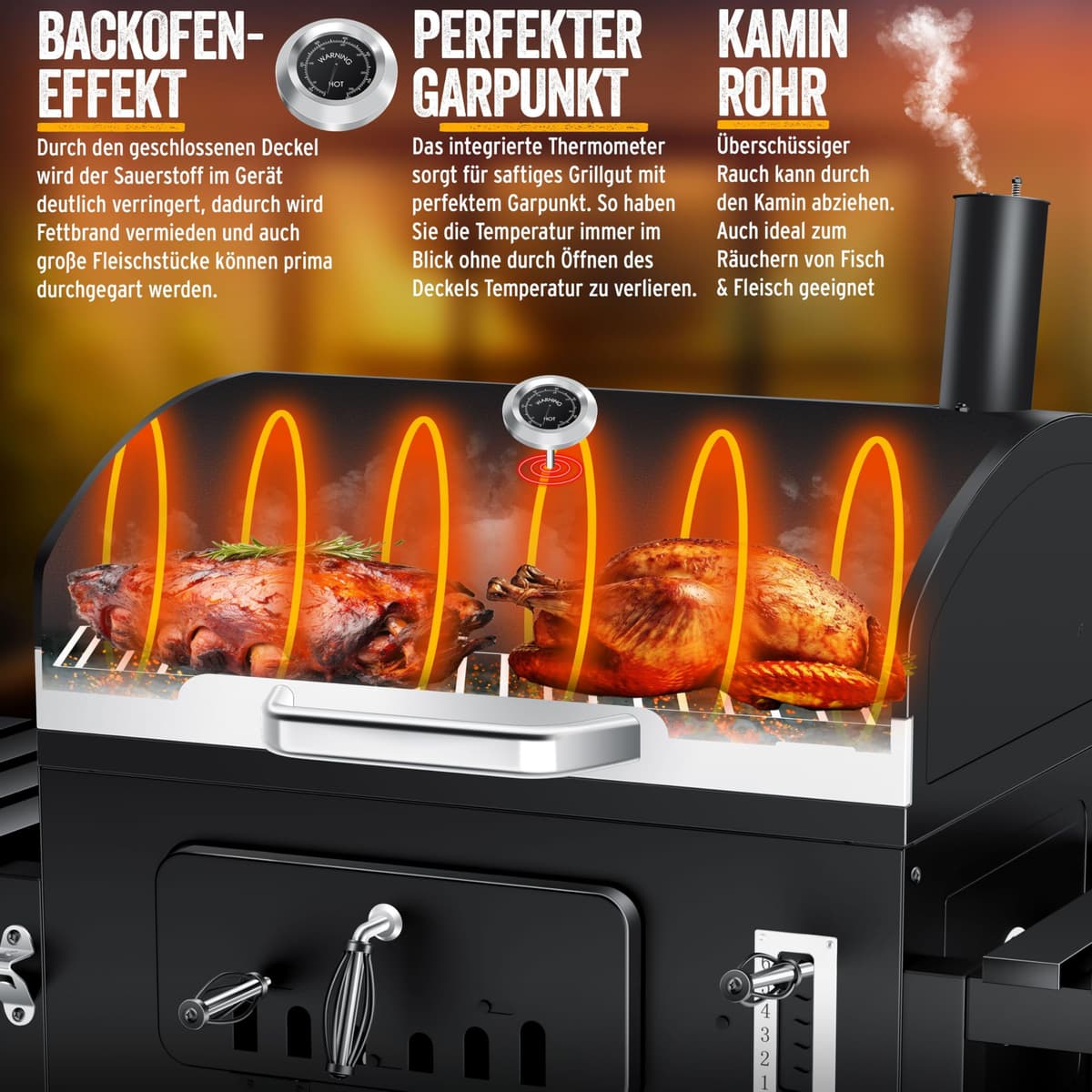 KESSER® Parilla de Carbón con Carrito Grill con Tapa, Ruedas, Mango de Acero Inoxidable | Barbacoa y Termómetro Carbón Grande BBQ Asador Camping, Terraza, Jardín XXL Negro — view 2
